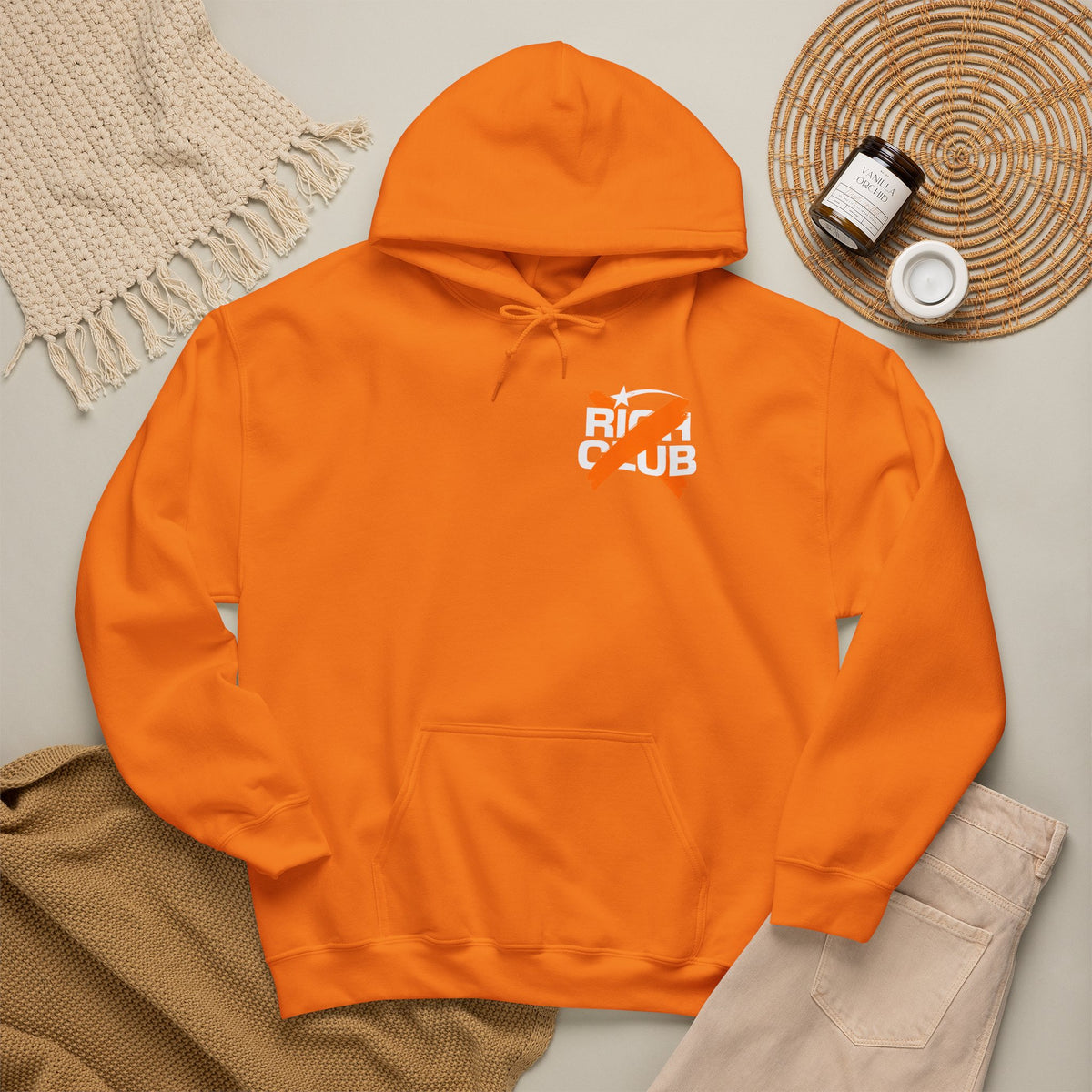 "Rich Club" Orange Logo Unisex College Hoodie - Broke & Dreamin' Hoodies